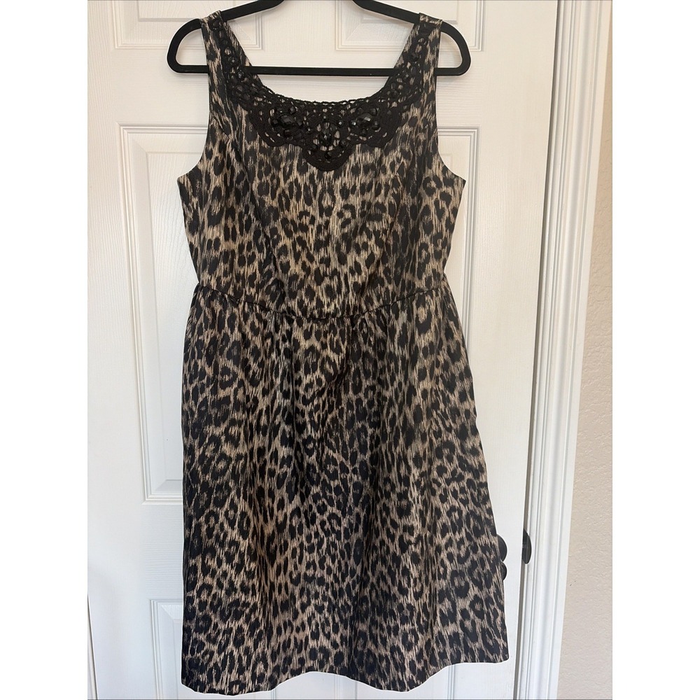 Rebecca Moses Women's 16 Sheath Party Dress Cheetah Beaded Crochet Pockets